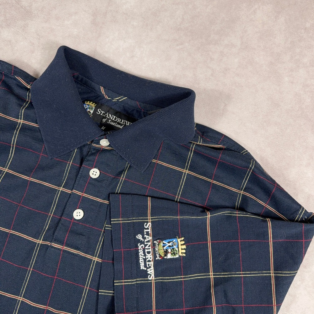 St Andrews of Scotland Plaid Polo Shirt Cotton Blend Size M Navy Windowpane